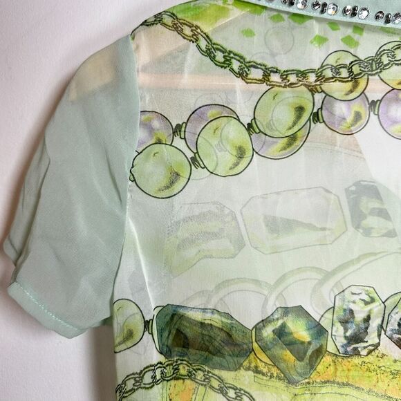 Vintage 90's Y2K Feline silk blend sheer button top green button up collar Small - Picture 9 of 13
